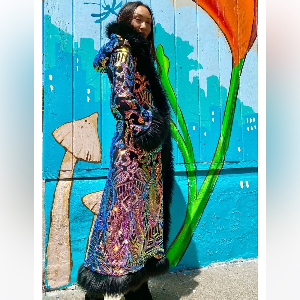 Deluxe Baroness Coat: Multi Color Nouveau Sequin + Black Fur Trim